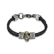Black Leather Braided Bracelet With Steel Skull And Scaled Charms