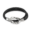 Black Leather Double Loop Bracelet With Steel Knot Closure Design