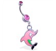 Belly ring with dangling pink cartoon dolphin