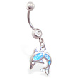 Belly ring with dangling aqua glitter dolphin