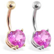 14K Gold belly ring with pink 8mm CZ heart