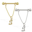 14K Gold nipple ring with dangling cursive initial Z, 14 ga