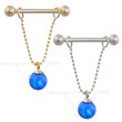 14K Gold nipple ring with dangling blue opal ball on chain, 14 ga