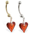 14K Gold belly ring with dangling swarovski red crystal heart