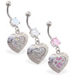 Navel ring with dangling jeweled heart with 