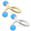 14K Gold twister barbell with Blue opal balls , 14ga