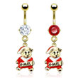 Gold Tone Belly Button Ring with Dangling Christmas Teddy Bear