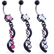 Belly ring with jeweled black coated dangle