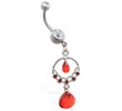 Dangling chandelier belly ring with red stones