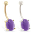14K Gold belly ring with natural amethyst cabochon stone