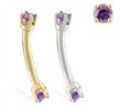 14K Gold internally threaded curved barbell with amethyst gems