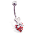 Red jeweled heart belly ring with X