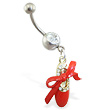 Jeweled belly ring with dangling red slipper and bow