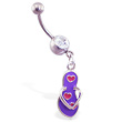Jeweled belly ring with dangling purple flipflop with hearts