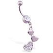 Navel ring with dangling jeweled triple hearts