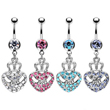 Navel ring with dangling jeweled crown heart with 