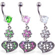 Navel ring with dangling jeweled clover and heart