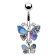 Hinged multi-color pave jeweled double butterfly belly ring