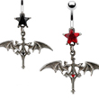 Jeweled star navel ring with dangling gothic cross and bats