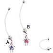 Super long flexible bioplast belly ring with dangling jeweled kid