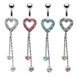 Jeweled heart navel ring with dangling chains and hearts