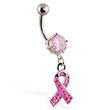 Navel ring with dangling pink wellness ribbon