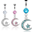 Navel ring with dangling jeweled star on moon