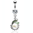 Heart gem navel ring with jeweled dangle and large pearl