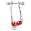 Straight helix barbell with dangling red jeweled cuff , 16 ga