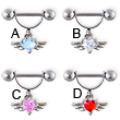 Straight barbell helix cuff with dangling jeweled heart with wings, 16 ga