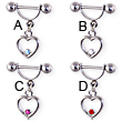 Straight barbell helix cuff with dangling jeweled heart, 16 ga