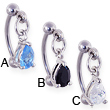 Curved Barbell With Dangling Jeweled Teardrop, 16 Ga