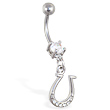 Belly ring with dangling jeweled horseshoe