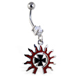 Navel ring with dangling tribal sun and chopper cross