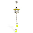 Rainbow star navel ring with dangling neon green dangles