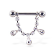 Nipple ring with dangling jeweled chain and teardrop gems, 12 ga or 14 ga
