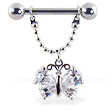 Nipple ring with dangling jeweled butterfly on chain, 12 ga or 14 ga