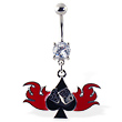 Navel ring with dangling spade with dice and flames
