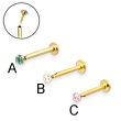 14K yellow gold push-in labret with square cubic zirconia, 16 ga
