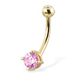 14K Yellow Gold Belly Button Ring With Round Pink CZ And Jeweled Top Ball