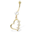 14K Yellow Gold Belly Button Ring with Round Cubic Zirconia And Dangling Hollow Jeweled Heart