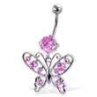 Belly button ring with round gem and jeweled butterfly
