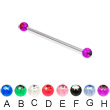 Long barbell (industrial barbell) with acrylic jeweled balls, 14 ga