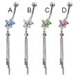 Jeweled flower belly button ring with three cylinders on dangles