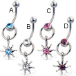 Door knocker belly button ring with dangling jeweled sun