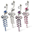 Jeweled belly button ring with bow and three dangles