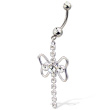 Belly button ring with a dangle, butterfly shape, and jeweled top ball