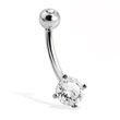 14K White Gold Belly Button Ring With Round Stone And Jeweled Top Ball