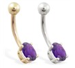 14K Gold belly ring with small amethyst oval
