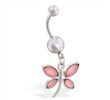 Navel ring with dangling glossy pink butterfly